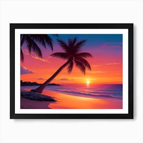 A Tranquil Beach At Sunset Horizontal Illustration 44 Art Print