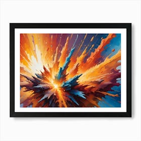 An Abstract Explosion Of Vibrant Orange, Blue, And Purple Paint Splatters Against A Dark Background Art Print