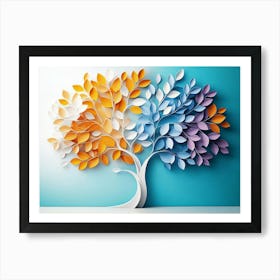 Colorful Tree With Leaves On Hanging Branches Of Blue, White And Golden 5 Art Print