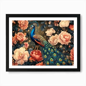 Seamless Floral Leather And Peacock Art Print