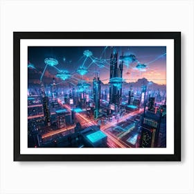 A Digital Painting Of A Globally Networked Cityscape Futuristic Ai Central Node Glowing With Connec (3) Art Print