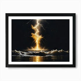 A Dramatic Image Of A Golden Lightning Bolt Striking A Body Of Water With A Dark Sky And Rocky Shore In The Background, Creating A Powerful And Dynamic Scene Art Print