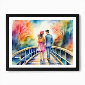 Watercolor Couple Walking On The Bridge Art Print