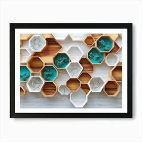 White Lattice And Turquoise Elements Combine With Dynamic Hexagons In An Oak Wood Design Art Print