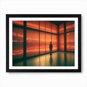 A Man In A Dark Suit Stands In A Room With A Large Window Overlooking A Glowing City Skyline Art Print