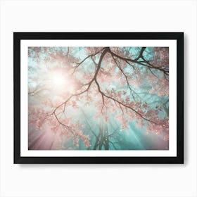 Mystical, Ethereal Forest Scene With Glowing Sun Rays Filtering Through Branches And Leaves Art Print