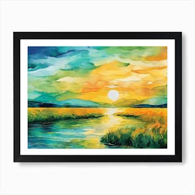 Sunset Over The River Art Print