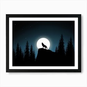 Illustration Of A Lone Wolf Howling Under A Full Moon In The Wilderness Of Wyoming Its Silhouette A (5) Art Print