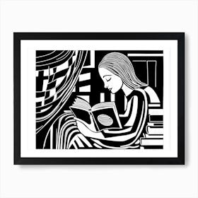 Just a girl who loves to read, Lion cut inspired Black and white Stylized portrait of a Woman reading a book, reading art, book worm, Reading girl 169 Art Print