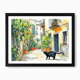 Barcelona, Spain   Black Cat In Street Art Watercolour Painting 1 Art Print