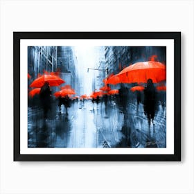 Rainy Day - Red Umbrellas Rain Art Print