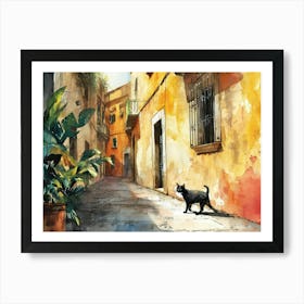 Black Cat In Catania, Italy, Street Art Watercolour Painting 2 Art Print