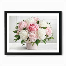 A Bouquet Of Pastel Pink And Pristine White Peonies With Hints Of Red Arranged Densely In A Natural (7) Art Print