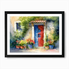 Watercolor Painting Of A Red And Blue Door Surrounded Door V2 Art Print