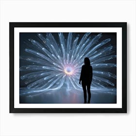 A Woman In A Silhouette Stands Before A Large, Glowing, Abstract Artwork That Resembles A Flower Or A Nebula, Creating A Sense Of Wonder And Awe 1 Art Print