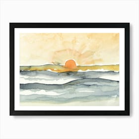 Ocean Sunset, Abstract Watercolor in Blue and Orange Art Print