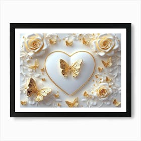 3d Art With White Background And Gold Roses, Butterflies with Heart Shape Art Print