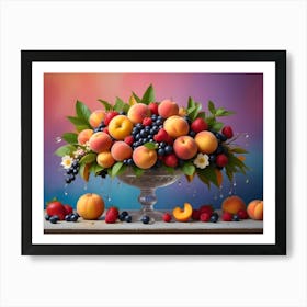 A Glass Vase Filled With Peaches, Blueberries, Raspberries, And Strawberries, With Water Droplets Dripping From The Arrangement Art Print