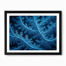 Intricate, Delicate, Icy Blue Fractal Patterns On A Dark Background, Resembling Frost Crystals Or Frozen Foliage Art Print