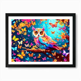 Colorful Owl With Butterflies Art Print