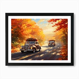 Autumnal Landscape Autumnal Leaves Cascading Down As A Car Adorned With Holiday Wreaths And Ribbon Art Print