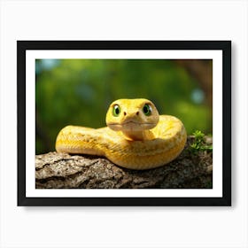 Yellow Baby Snake With A Surprised Expression Vivid Green Eyes Pooled Atop A Gnarled Tree Branch Art Print