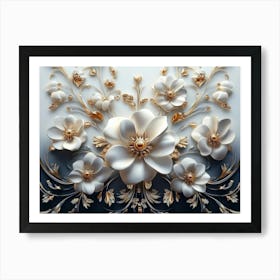 Majestic 3d Artwork Design, White and Blue Tones, Golden Jewelry, Floral Motifs, Black Poster