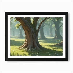 Forest Scene With Tall Trees And Green Grass, With Sunlight Filtering Through The Leaves Art Print