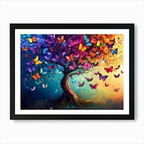 Vibrant Butterfly Tree with Colorful Hanging Leaves, 3d Abstract Illustration Background Artwork Painting Art Print