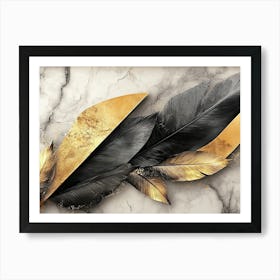 Golden And Black 3d With Feathers and Triangles on a Marble Art Print