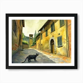 Black Cat In Arezzo, Italy, Street Art Watercolour Painting 3 Art Print