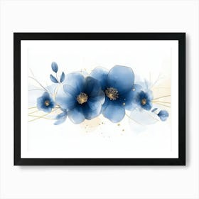 Elegant Abstract Blue Flowers With Golden Line 2 Art Print