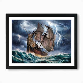 Galleon ship in stormy sea painting #1 Art Print