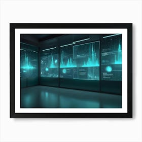 A Modern, Futuristic Interior With A Wall Of Screens Displaying A Dynamic, Abstract Visualization Of Data Or Information, Featuring Lines, Shapes, And Glowing Blue Elements Art Print