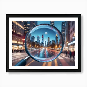 A Magnifying Glass Focused On A City Street At Night Art Print