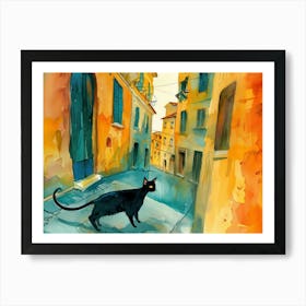 Black Cat In Foggia, Italy, Street Art Watercolour Painting 2 Art Print