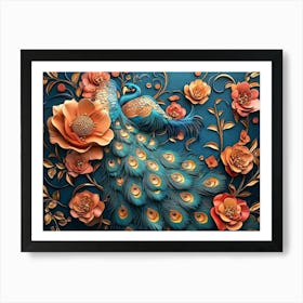 Elegant Leather Base Combines Bright Color Floral with Exotic Oriental Pattern Flowers and Peacocks 4 Art Print