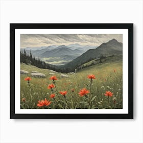 Vintage Oil Painting of indian Paintbrushes in a Meadow, Mountains in the Background 5 Art Print