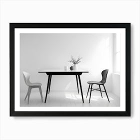 A Minimalist Image Of A White Table With Two Chairs, Set Against A White Wall And A Window, With A Vase Of Flowers, Representing A Clean And Simple Interior Design Scene Art Print