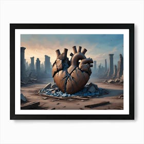 A Large Wooden Heart Lies In A Ruined Cityscape, Surrounded By Broken Columns And Debris Art Print