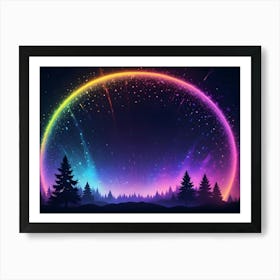 Abstract Image Of A Colorful, Glowing Ring Of Light In The Shape Of A Circle, Surrounded By A Forest Silhouette Against A Dark Sky 1 Art Print