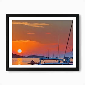 Sunset Harbor in Var Riviera. A picturesque scene of a harbor at sunset, with several sailboats docked along a rocky pier. The sky is ablaze with vibrant orange and red hues, with the sun partially obscured by clouds on the horizon. The water reflects the warm colors of the sky, creating a serene and tranquil atmosphere. The sailboats are silhouetted against the sunset, their masts reaching towards the sky. 2 Art Print