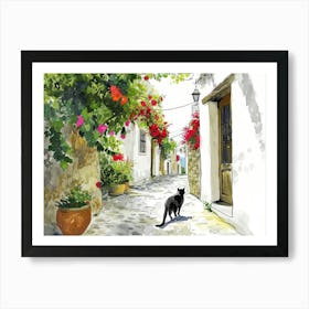 Bodrum, Turkey   Black Cat In Street Art Watercolour Painting 1 Art Print