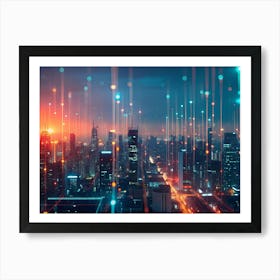 A Night Cityscape With Many Tall Buildings Is Illuminated With Brightly Colored Lights Art Print