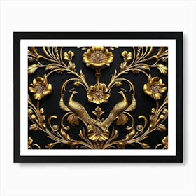 Elegant Leather Base Golden Floral Seamless Damask Flowers with Golden Peacocks on Black Art Print