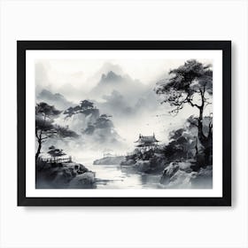 Black White Painting River Scene Art Print