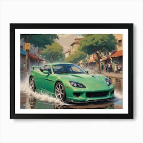 Green Sports Car Driving Down The Street Art Print