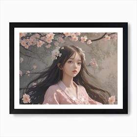 Asian Girl In Cherry Blossoms Art Print