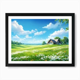 Cottage Basking In The Brilliance Of The Noon Sun Amidst A Sprawling Meadow A Single Vibrant Cloud Art Print