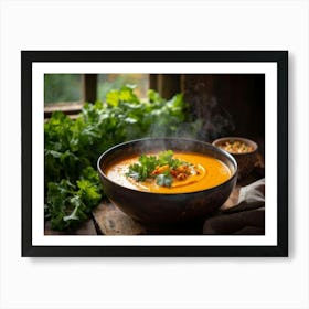 Autumn Pumpkin Curry Soup Steaming In An Earthenware Bowl Vibrant Orange Against Dark Green Lettuc Art Print